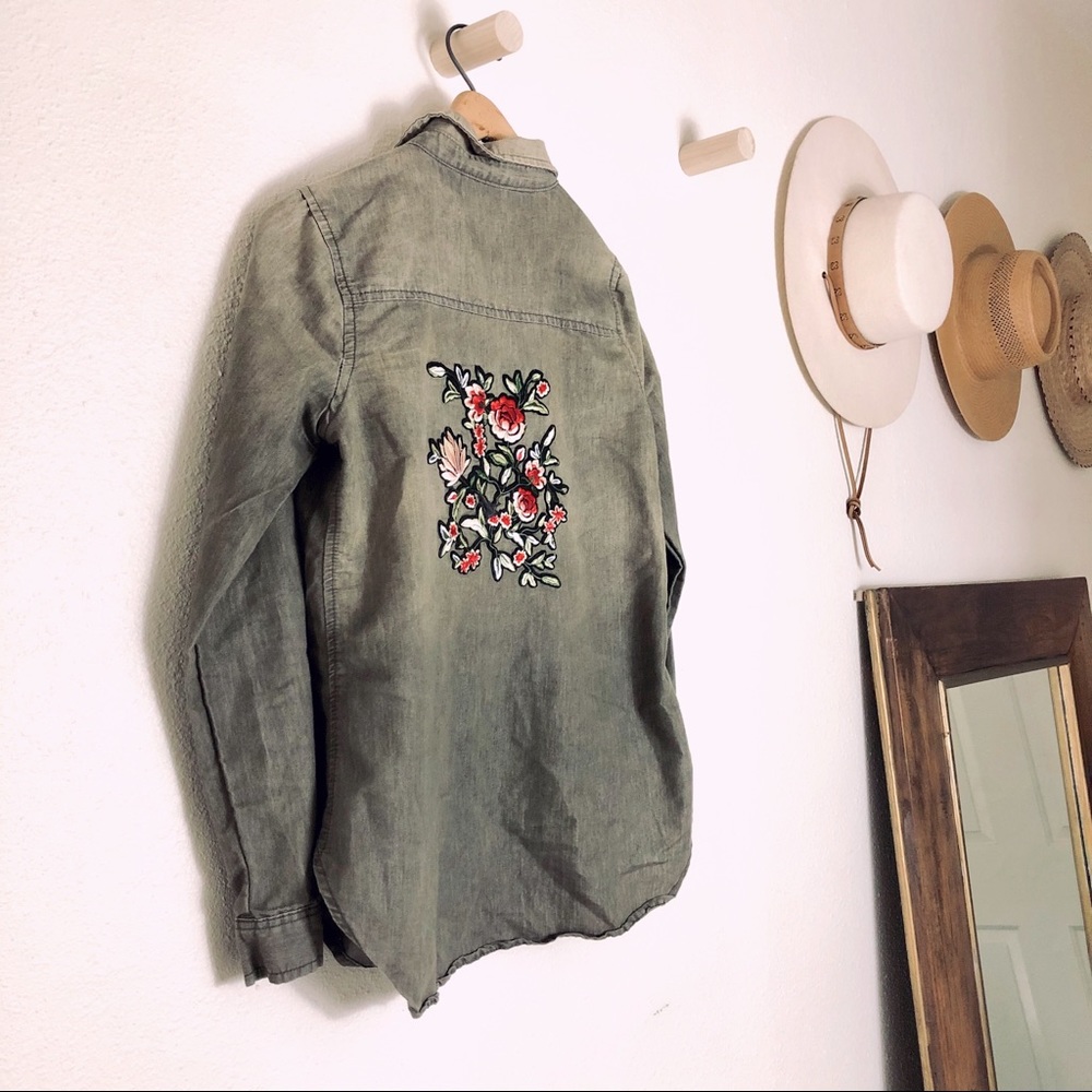 Button down shirt with floral embroidery on back